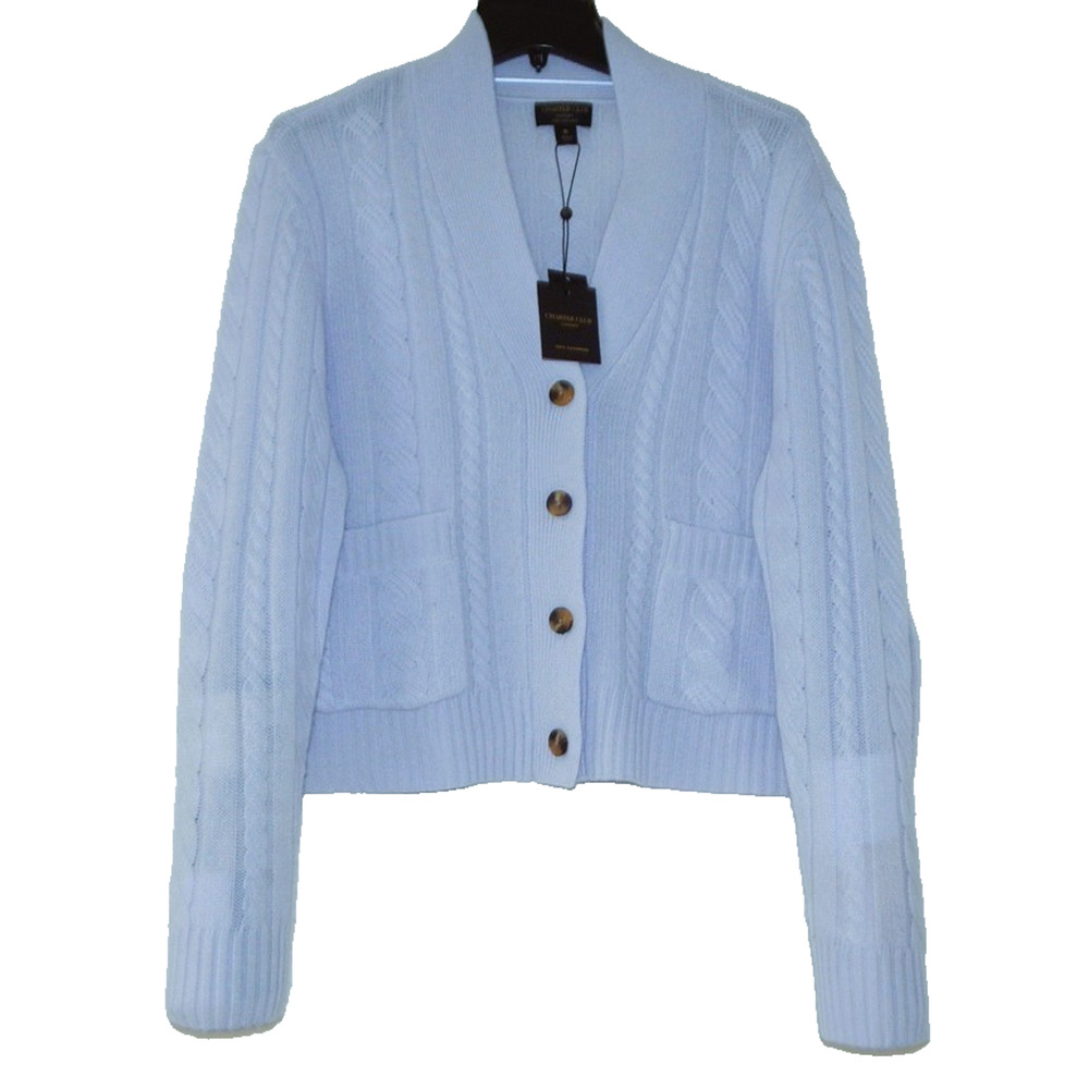 NWT CHARTER CLUB Luxury Cashmere Cable Knit Sweater Cardigan Pale Blue Women XL